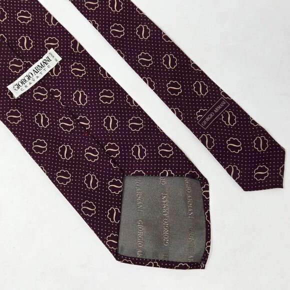 GIORGIO ARMANI CRAVATTE SILK TIE BURGUNDY TAN POLKA DOT PATTERN 3.75" X 58" - Picture 2 of 4